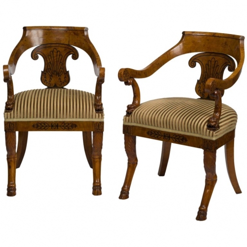 A Pair of Consulat Ebony-Inlaid Birchwood Armchairs Stamped Jacob Freres